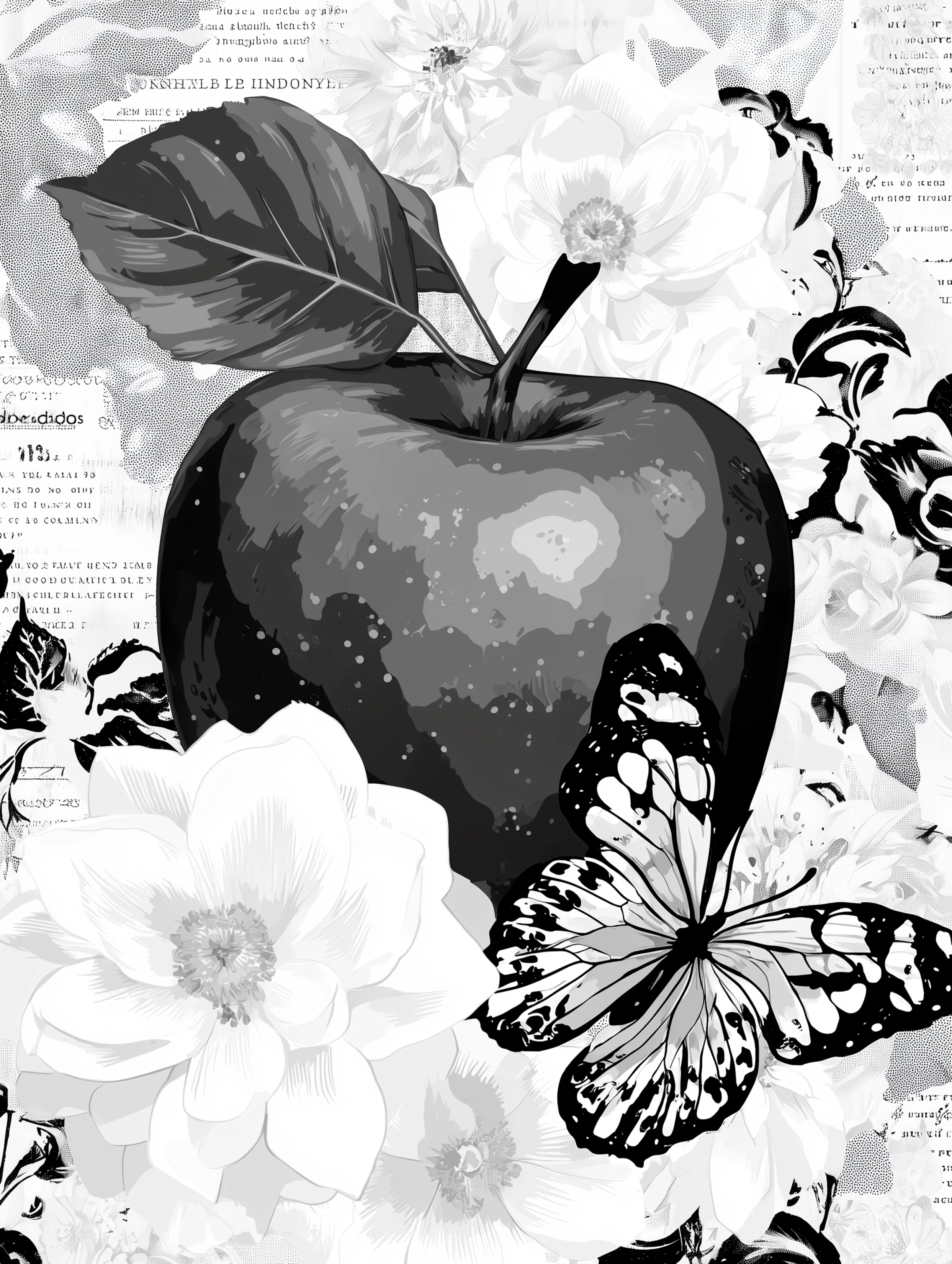 Free printable apple coloring page for adults featuring butterfly with a dark apple